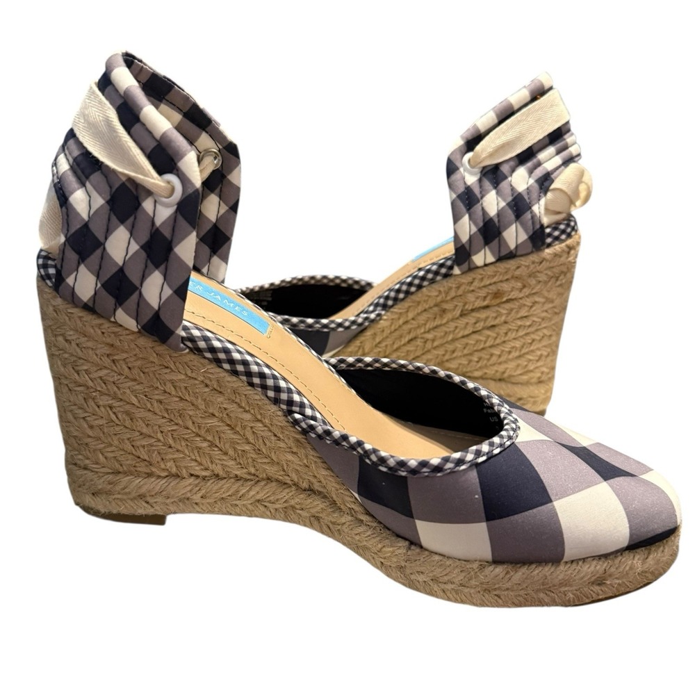 Draper‎ James Navy Gingham Espadrille Wedges Size 8 Ankle Wrap Southern Chic - Picture 13 of 13